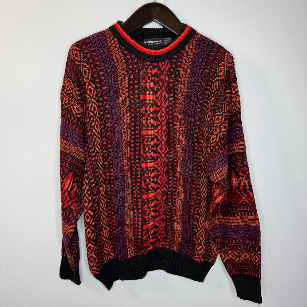 Expressions International Cosby Textured 3D Knit Textured VTG Sweater Mens L Red